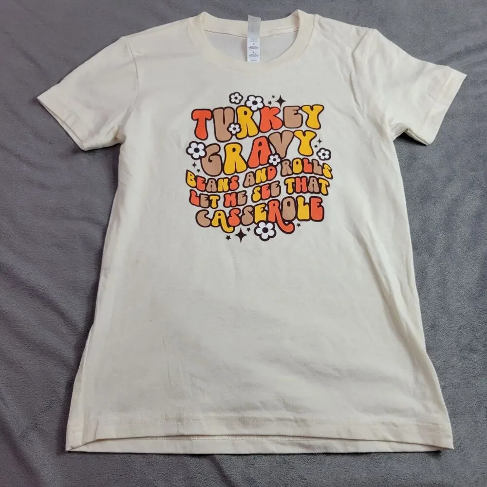 Bella & Canvss Shirt Girl Small 6-8 Beige Turkey Gravy Beans Rolls Casserole Tee